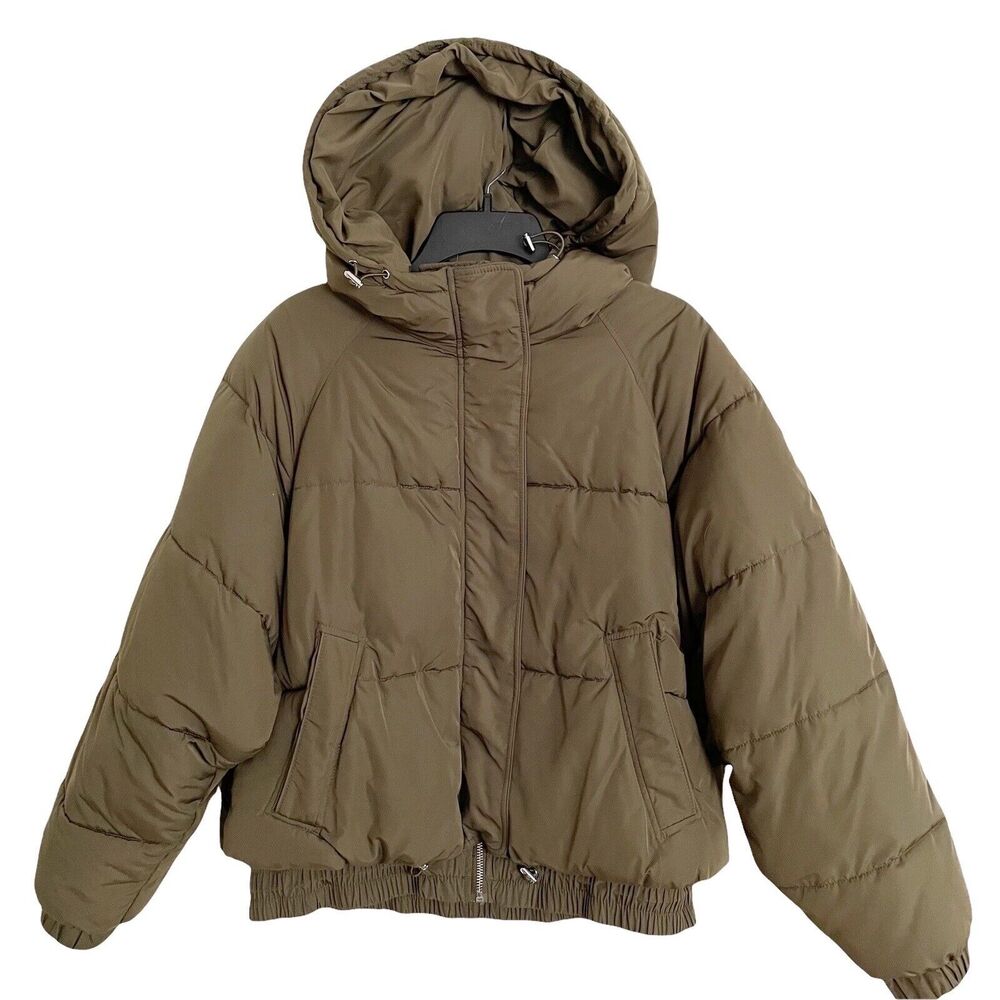 Zara Mans TRF Collection Sz S/M Oversized Army Green Bomber Puffer Jacket Hood
